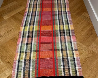 Rag Rug Vintage Hungarian Floor Runner Hall Carpet Or Kitchen Mat In Red Black Green Yellow Stripes Checks Hand Made Machine Washable Mat