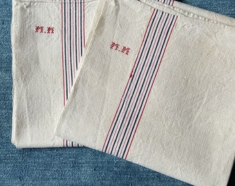 Linen Hand Towels Antique French Linen Torchons Blue Red Stripe Tea Towel Natural Linen Dishcloths Powder Room Towel 2 Pieces