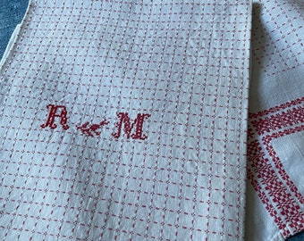 Antique French Linen Hand Towels.  Set of 2 Serviettes Monogrammed RM . White & Pink Powder Room Linen. Rare Find. Heirloom Textiles.