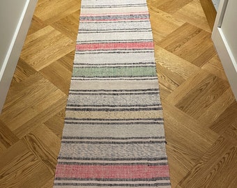 Rag Rug Vintage Hungarian Floor Runner Hall Carpet Or Kitchen Mat In Soft Red, Blue, Yellow Stripes Hand Made Machine Washable Mat