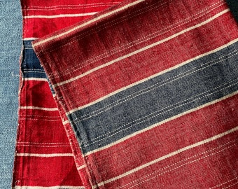 Vintage Striped Fabric For Upholstery Or Pillow Covers. Red, Navy Blue And White Striped Vintage Folk Textiles From Eastern Europe.