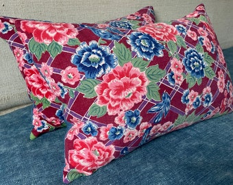 Blue Birds Roses Cushions Pair Of Pillows With Blue, Red And  Pink Floral Design.  Two Large Couch Pillows. Handmade In The UK