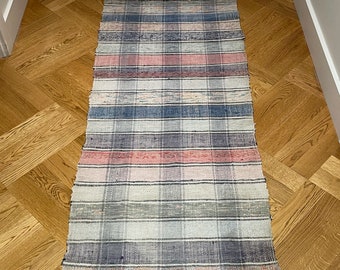 Rag Rug Vintage Hungarian Floor Runner Hall Carpet Or Kitchen Mat In Soft Red, Blue, Grey Stripes Hand Made Machine Washable Cotton Mat