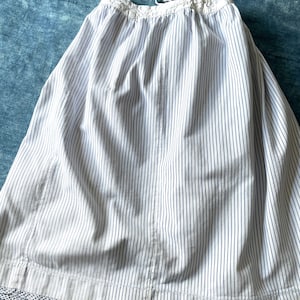Antique French Cotton Petticoat: Blue Striped Under Skirt, Hand Crocheted Trim