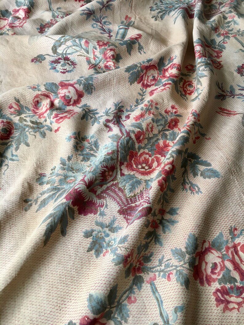 Antique French Floral Linen Fabric Doves Inventory cleanup selling Portland Mall sale Roses Garla Panel. and