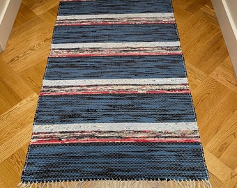 Rag Rug Vintage Swedish Cotton Mat  With Dark Blue, Pink, Red Stripes . A Machine Washable Kitchen Runner, Bedroom Rug Or Bath Mat.