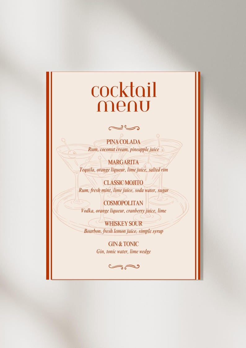 Example Personalised Cocktail Menu Editable Cocktail Menu Template | Minimal Vintage Bar Sign | Wedding ...