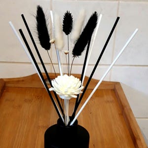 May include: Black and white diffuser sticks in a black glass bottle with a white flower on top. The sticks are arranged in a fan shape.