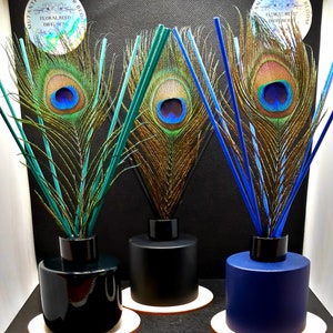 May include: Three black and blue glass diffuser bottles with peacock feathers and sticks. The bottles are on wooden coasters. The labels on the bottles read "Mutantfairy Scent & Bloom Floral Reed Diffusers".