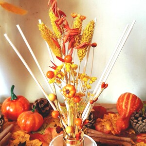 May include: A glass diffuser bottle with a gold lid and white diffuser sticks. The bottle is filled with a clear liquid and has a bouquet of dried flowers and berries in shades of orange, yellow, and red. The flowers include dried oats, baby's breath, and small orange berries. The diffuser is surrounded by autumn-themed decor, including pumpkins, cinnamon sticks, and autumn leaves.