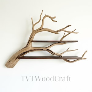 Handcrafted Driftwood Tree Bookshelf | Solid Wood Wall Mounted Shelf | Natural Rustic Bookcase for Living Room Decor