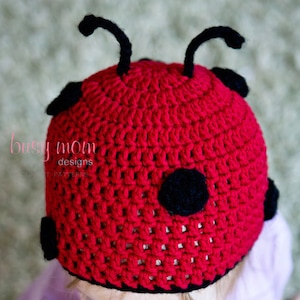 May include: A red crocheted ladybug hat with black spots and antennae. The hat is worn by a child with purple clothing.