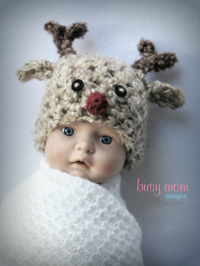 Crochet Hat PATTERN Soft and Sweet Reindeer Hat Preemie, Baby, Toddler, Child, Adult Winter Christmas Rudolph Beanie image 5