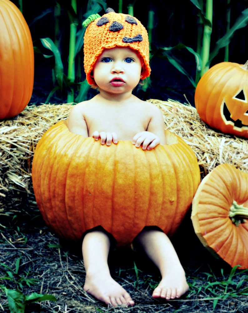 CROCHET Pumpkin Hat PATTERN Li'l Punkin Head Jack-o'Lantern Beanie Straight or scalloped edge ALL sizes included pdf 117 image 3