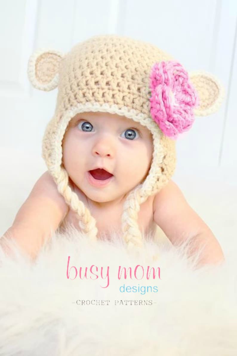 Crochet Pattern - Snuggly Earflap Hat with Flower - by Busy Mom Designs