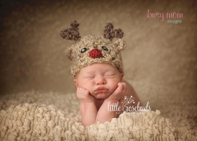 Crochet Hat PATTERN Soft and Sweet Reindeer Hat Preemie, Baby, Toddler, Child, Adult Winter Christmas Rudolph Beanie image 1