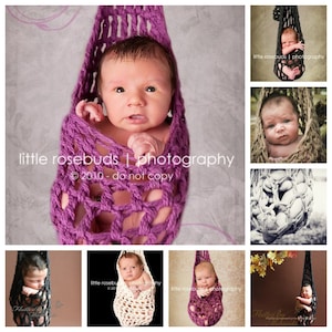 May include: A collage of images featuring a newborn baby in a crocheted hammock. The baby is in various poses and the hammock is in different colors. The text "little rosebuds | photography 2010 - do not copy" is visible in the image.