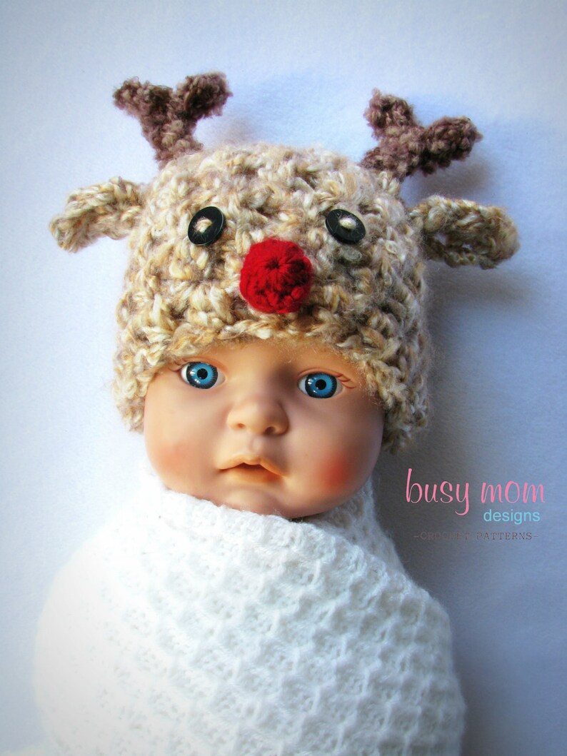 Crochet Hat PATTERN Soft and Sweet Reindeer Hat Preemie, Baby, Toddler, Child, Adult Winter Christmas Rudolph Beanie image 3