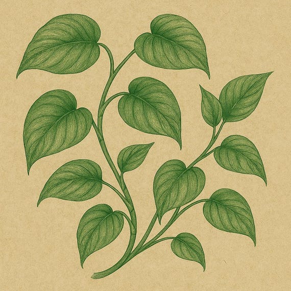 Pothos Botanical Art Print | Hand-Drawn Epipremnum Aureum Illustration |  Vintage Houseplant Wall Decor | Green Vine Plant Artwork