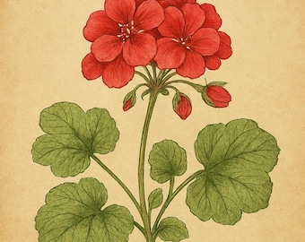 Geranium Botanical Art Print | Hand-Drawn Red Geranium Illustration | Vintage Garden Wall Decor | Pelargonium Floral Print
