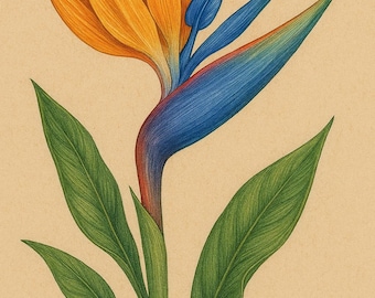 Bird of Paradise Botanical Art Print | Hand-Drawn Strelitzia Illustration | Tropical Flower Wall Decor | Vibrant Exotic Bloom Art