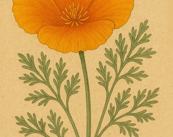 California Poppy Botanical Art Print | Hand-Drawn Orange Wildflower Illustration | Vintage Eschscholzia californica Wall Decor