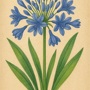 Agapanthus Botanical Art Print | Blue Flower Wall Art | Hand-Drawn Lily of the Nile Illustration | Vintage Garden Decor