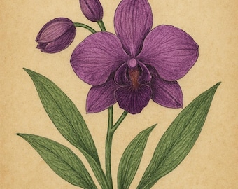 Orchid Botanical Art Print | Hand-Drawn Purple Orchid Illustration | Vintage Floral Wall Decor | Exotic Flower Gift for Plant Lovers