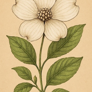 Carolina Dogwood Botanical Art Print | Hand-Drawn Cornus Florida Illustration | Vintage White Bloom Wall Decor | Southern Wildflower Art