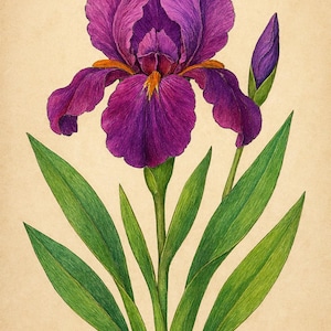 Peut inclure: Une fleur d'iris violette avec un bouton, dessinée en détail avec des feuilles vertes sur un fond beige.
