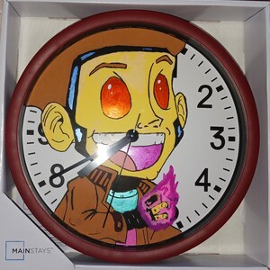 May include: A red and white clock with a cartoon character on the face. The character has yellow skin, brown hair, and a big smile. The clock face has black numbers and hands. The clock is made by Mainstays.