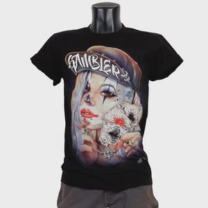 Spieler Mädchen T-Shirt, Edgy Poker Streetwear T-Shirt, Tattoo Clown Karte Grafik-Shirt, Urban Punk Unisex Top