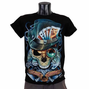 Skull Poker T-Shirt - Vintage Spielkarten & Würfel T-Shirt mit Steampunk Hut