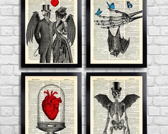 Skull Print Set of 4 Gothic Wall Art Skeleton Couple Skull Heart Love Art Print Gothic Bedroom Decor Skeleton anniversary Bat Goth gift  192