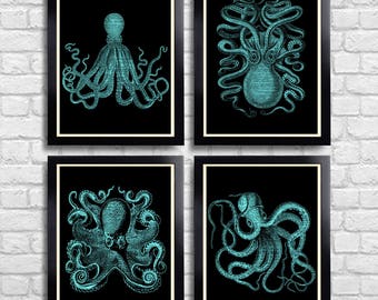 Octopus Art Print Set of 4 Prints BLUE Squid Gift Set Bathroom Wall Decor Squid Poster Octopus Nautical Squid Drawing Sea Life Art Print 100