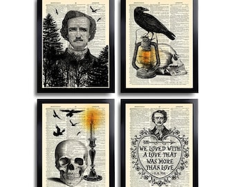 Edgar Allan Poe Poster Set Poe Print Set of 4 Poe We loved with a love quote Allan Poe Gift Poe Art Print Edgar Poe Raven Poe wall decor 221