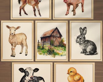 Farm Animal Nursery Prints Farmyard Nursery Prints Set of 7 Baby Farm Animal Prints Farm Wall Art Farm poster Countryside Art Cow Print 029