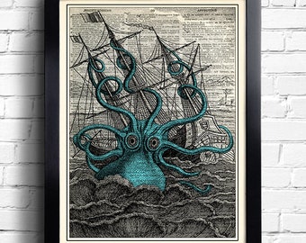 Giant Octopus Squid Sea Art Print Octopus Art Print, Bathroom Wall Decor Beach Home Art Print Kraken Poster Octopus Bathroom Wall Decal 099