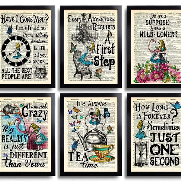 Juego de 6 láminas decorativas de Alicia en el País de las Maravillas, citas de Alicia, fiesta de Alicia, decoración del hogar de Alicia, póster de Alicia, impresión de Alicia, regalo para la mejor amiga de Alicia 0041