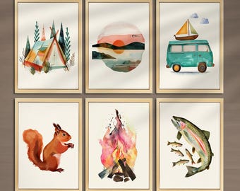 Juego de 6 pósteres vintage de camping, impresiones de camping, decoración de guardería, decoración de pared natural, arte de pared de fogata, impresión de camping retro, decoración de cabaña 002