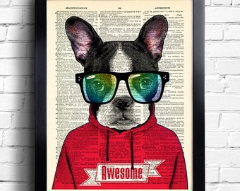 Boston Terrier Dog Print poster Funny Boston Terrier Artwork Hipster Glasses Cool Dog Art Print Gift for Girlfriend Gift for Boyfriend 131