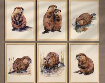 Vintage Beaver Poster Set of 6 Beaver Print Beaver Nursery Decor Nature Decor Beaver Wall Art Beaver Print Cabin Decor Lake House Decor  017