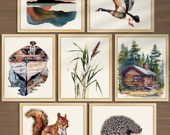 Vintage Camping Nursery Wall Art Set of 7 Wildlife Fishing Print Wild Geese Print Lake House  Boys Room Decor Camping Print Cabin Decor 019