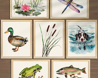 Vintage Fishing Nursery Wall Art Set of 7 Fishing Print Mallard Duck Trout Print Hunting Dog Boys Room Decor Camping Print Cabin Decor 018