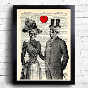 Skeleton Couple Skull Heart Love Art Print Gothic Bedroom Decor Skull Poster Art Skeleton Artwork anniversary gift Anatomy Bedroom Decor 082 image 1