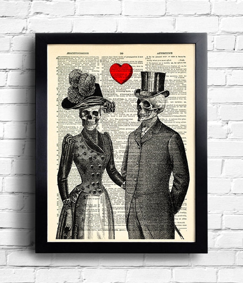 Skeleton Couple Skull Heart Love Art Print Gothic Bedroom Decor Skull Poster Art Skeleton Artwork anniversary gift Anatomy Bedroom Decor 082 image 1