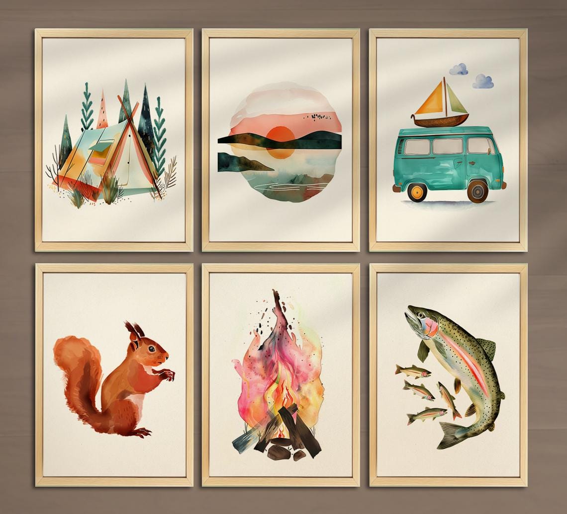 Vintage Camping Poster Set of 6 Camping Prints Camping Nursery Decor Nature Wall Decor Campfire Wall Art Retro Camping Print Cabin Decor 002