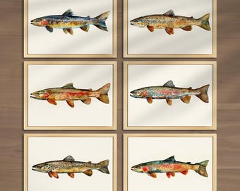 Vintage Fishing Wall Art Set of 6 Prints Fishing Wall Decor Trout Poster Man Cave Wall Decor Trout Fishing Art Fishing Men's Room Decor 003