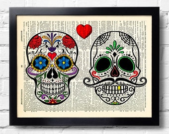 Day of the Dead Couple Skull Heart Love Art Print Bedroom Decor Mexican Skull Poster Art Anniversary gift Day of the Dead Bedroom Decor 109