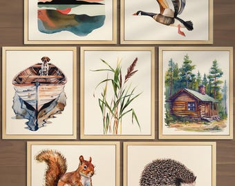 Vintage Camping Nursery Wall Art Set of 7 Wildlife Fishing Print Wild Geese Print Lake House  Boys Room Decor Camping Print Cabin Decor 019